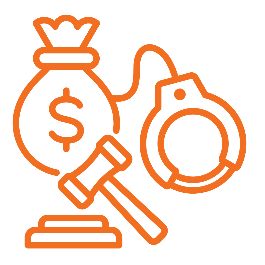 icon of a money bag, handcuffs and a hammer